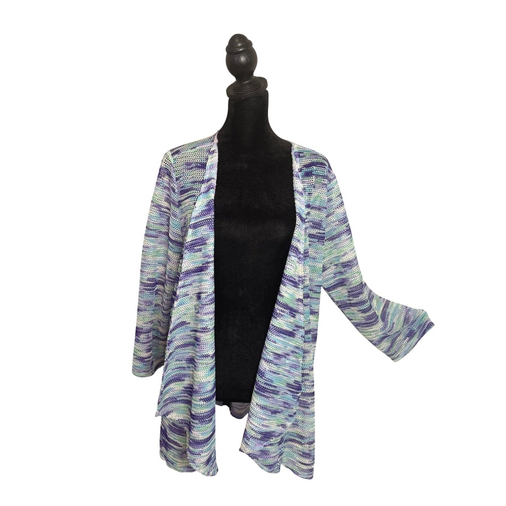 Chicos Easywear Draped Open Knit Cardigan Topper Mesh Size L Blue Layering